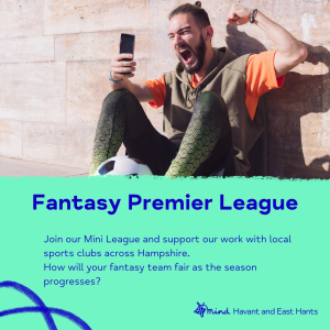 Text reading "join our Fantasy Premier League Mini League" with image of person cheering while looking at their phone